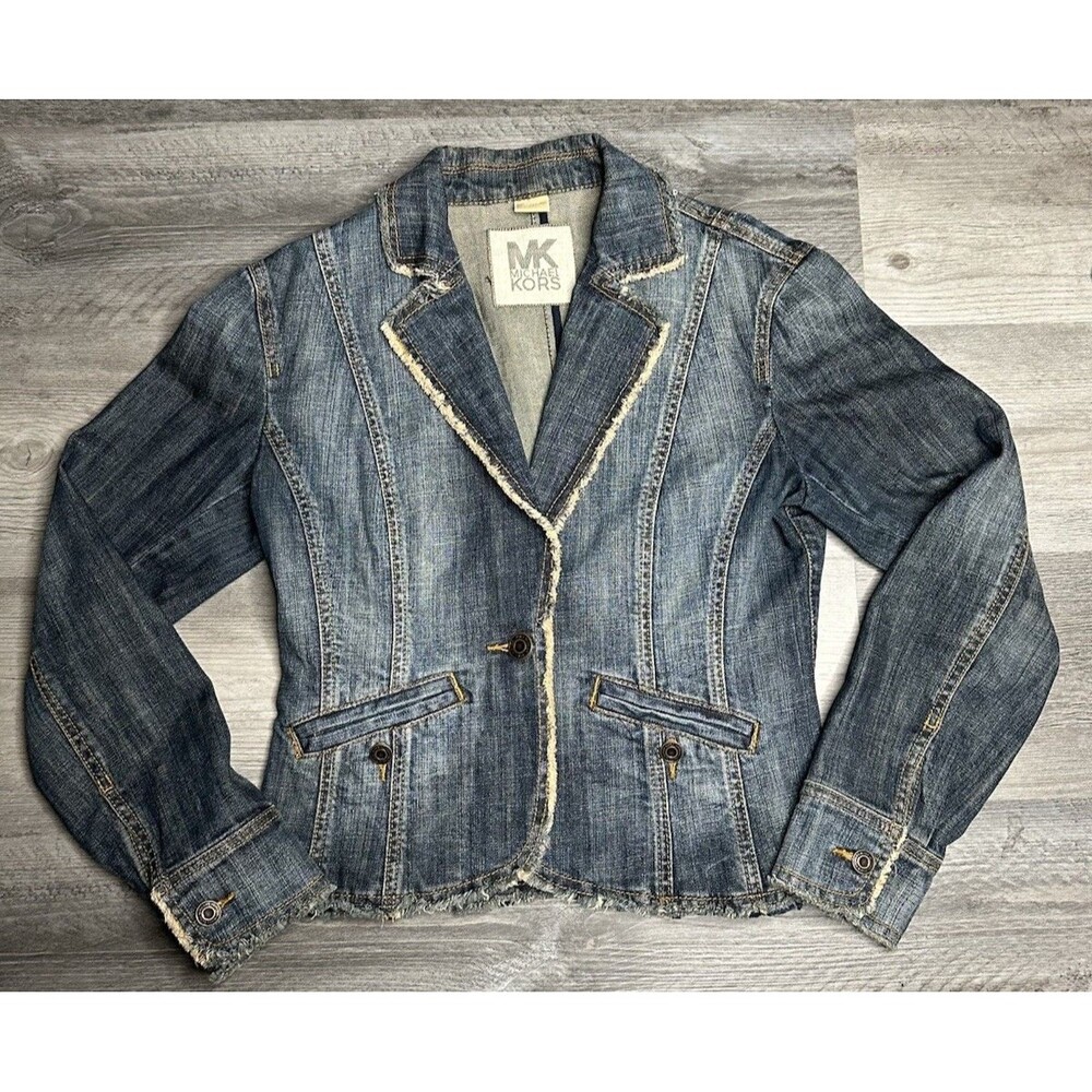 Michael Kors Y2K Women Medium Frayed Trim One Button Denim Blazer Jacket